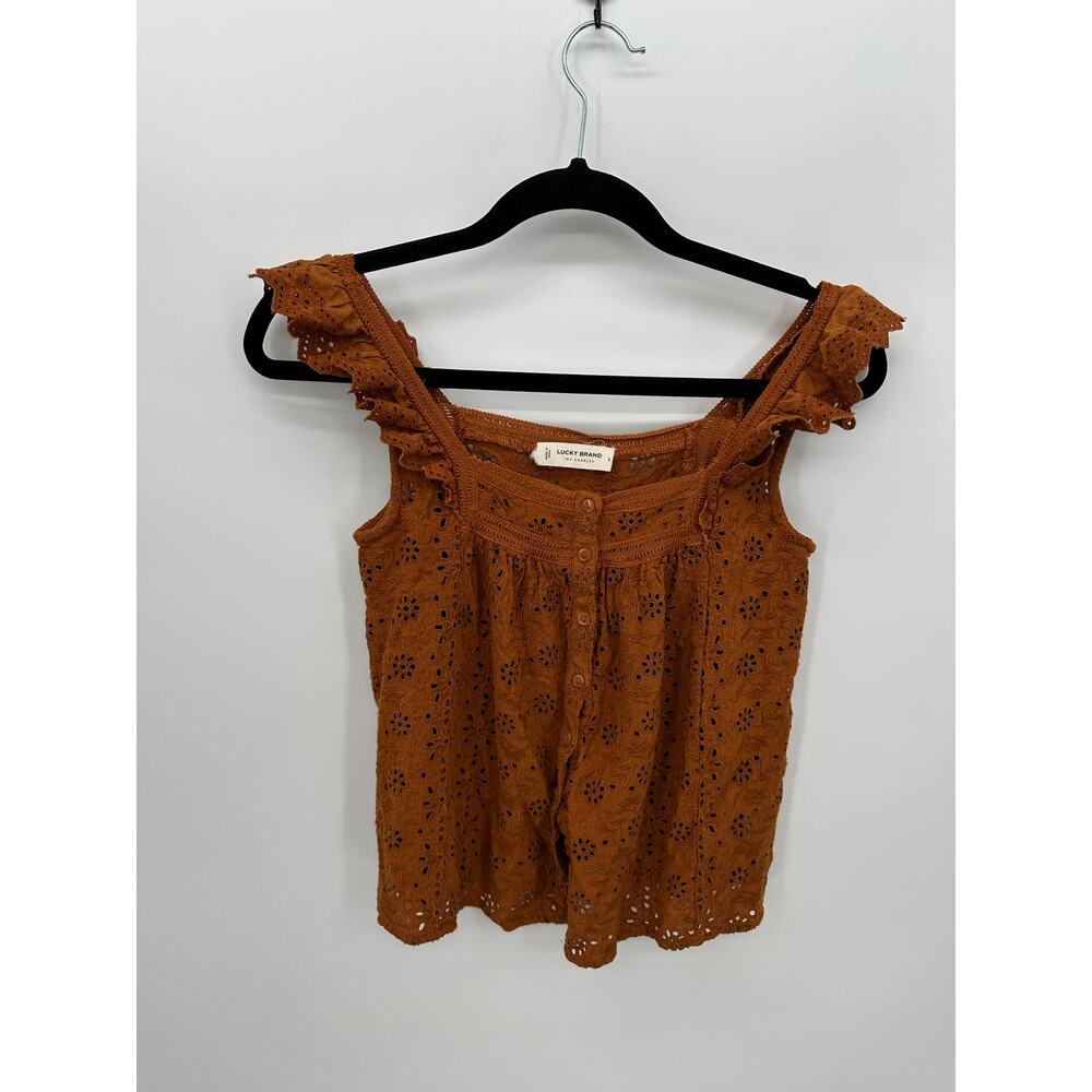 Lucky Brand Top Womens Sz S Burnt Orange Lace Ruffle Button Front Boho Earthy